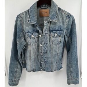BLANKNYC Distressed Denim Jacket Blue Trucker Style Crop Raw Hem Size S